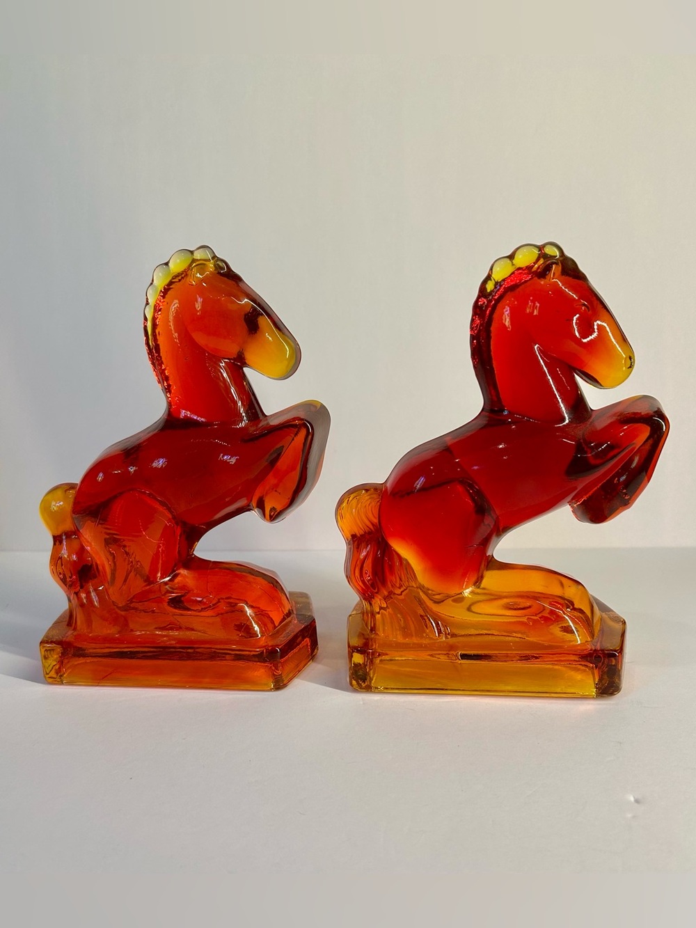 LE Smith Amberina Glass Rearing Horse Bookends Pair MCM
